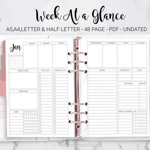 Week at a Glance Weekly Planner Undated Weekly Layout Agenda Grocery To Do List Daily Planner A5 A4 Letter Half Size PDF Printable Inserts