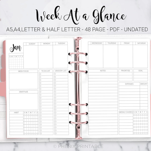 Week at a Glance Weekly Planner Undated Weekly Layout Agenda Grocery To Do List Daily Planner A5 A4 Letter Half Size PDF Printable Inserts