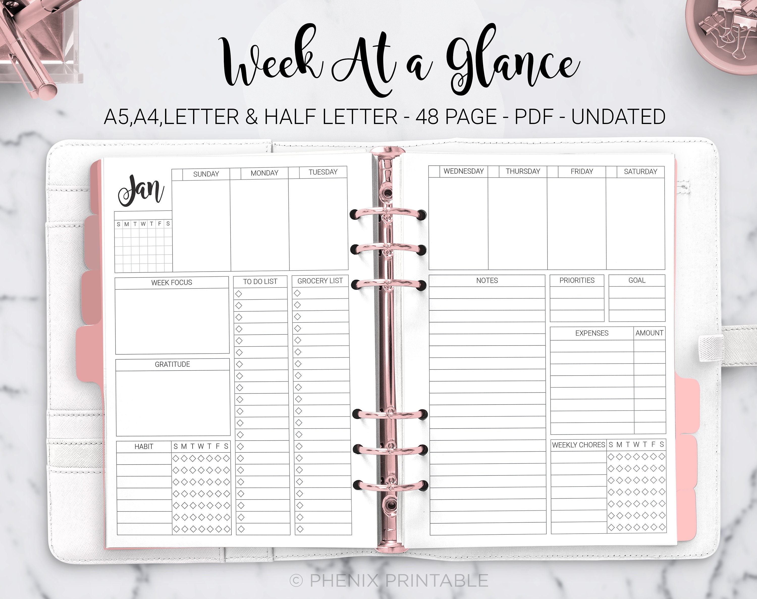 Week at a Glance Weekly Planner Undated Weekly Layout Agenda Etsy