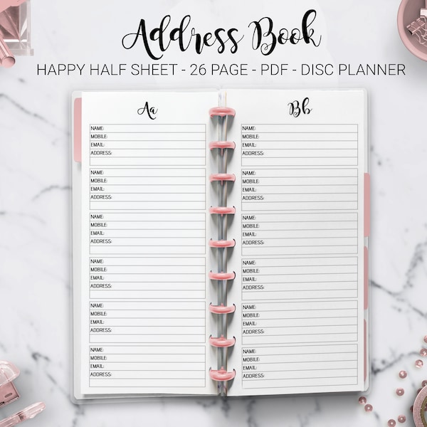 Address Book Log Contact Book List Phone Book Telephone Book Skinny Classic Discbound Half Sheet Happy Planner Mambi PDF Printable Inserts