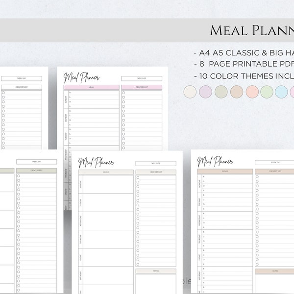 Weekly Meal Planner with Grocery List Printable Template, 7 Day Menu Plan, Food Planner, Health & Fitness A4 A5 Letter Classic Big Happy PDF