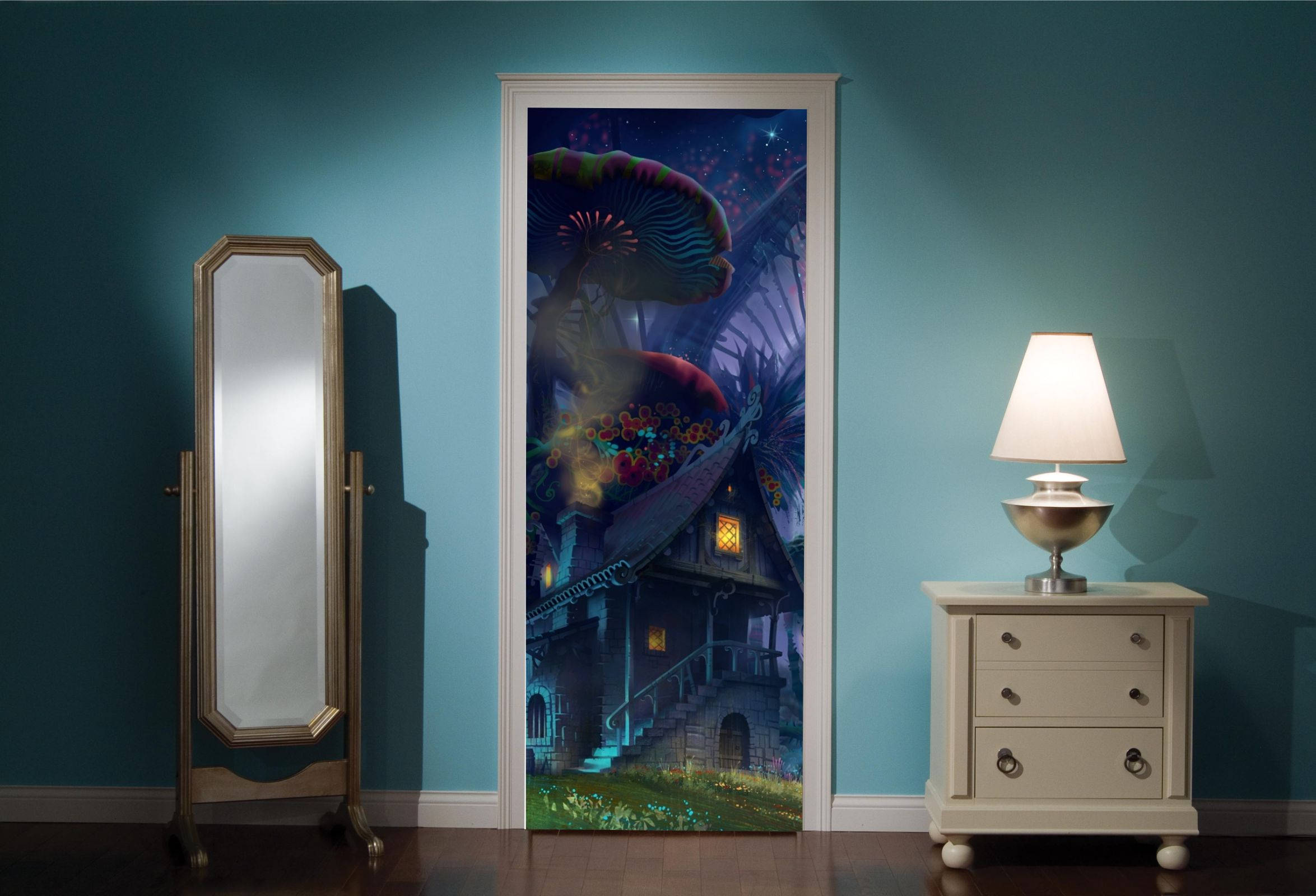 Door Mural Fairy Tale Enchanted Forest View Effect Decal Mural Home Decor Window Sticker Wallpaper Home Living Vinyl Bedroom Lounge 211