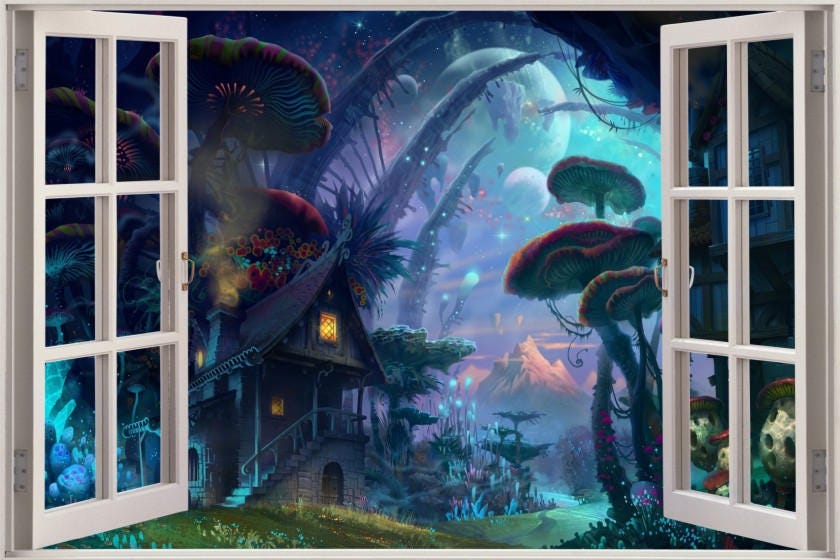 3d Window View Fairy Tale Enchanted Forest Fantasy Wall Decal Sticker Frame Mural Effect Home Decor Bedroom Living Room Kitchen Bathroom 567