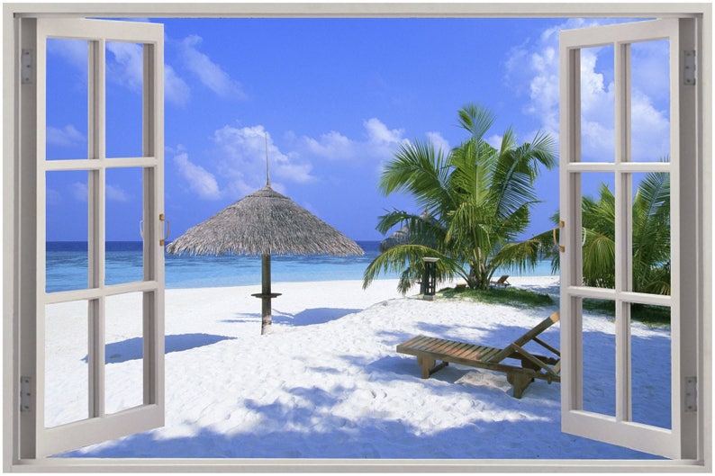 Huge 3D Window view Exotic Beach Sea Ocean Wall Sticker Mural Art Decal 1131