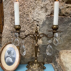 Vintage French bronze candelabra candleholder with crystals