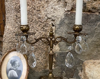Vintage French bronze candelabra candleholder with crystals
