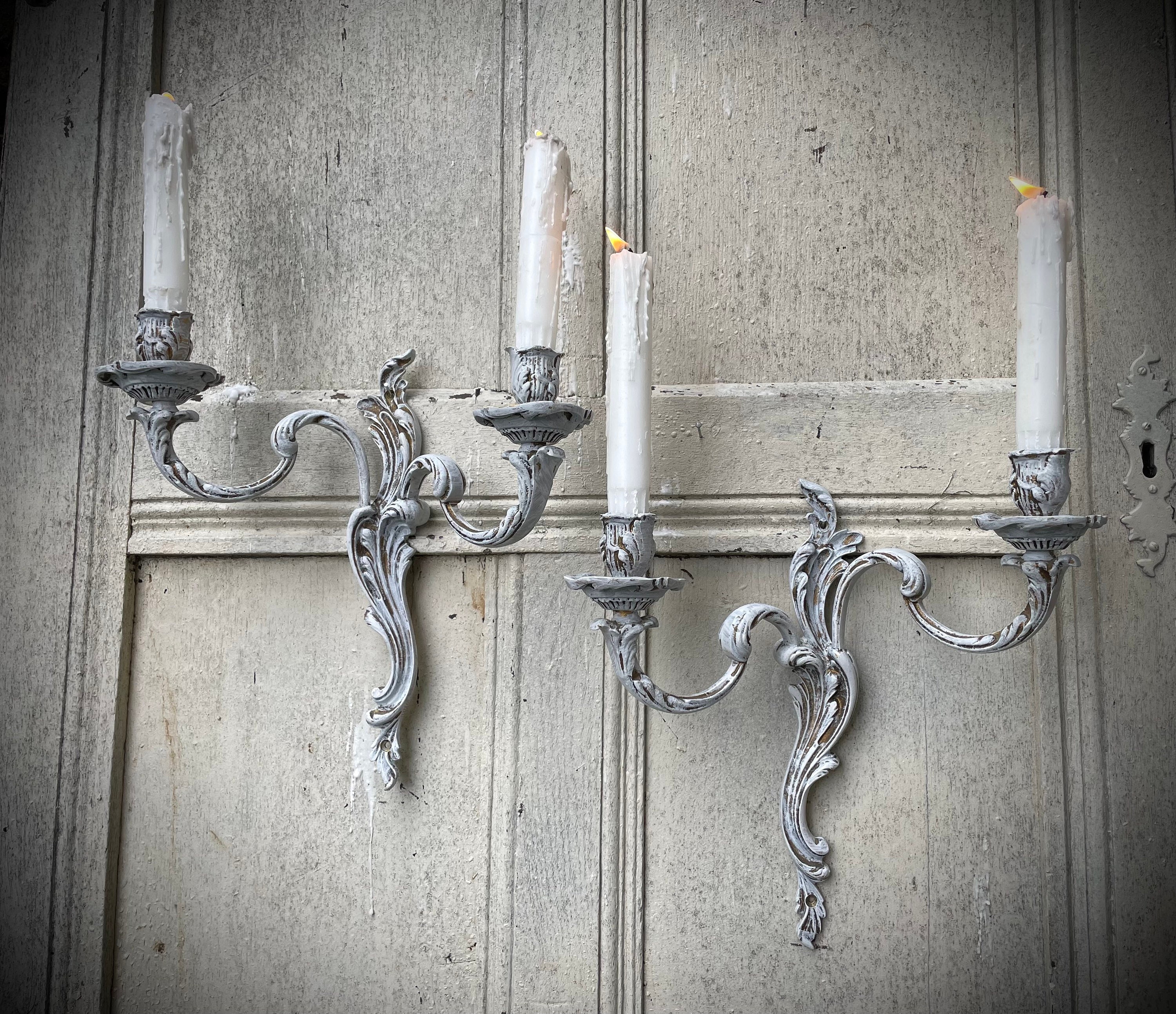 Antique French Bronze Painted Pair Of Candle Wall Sconce Chandeliers