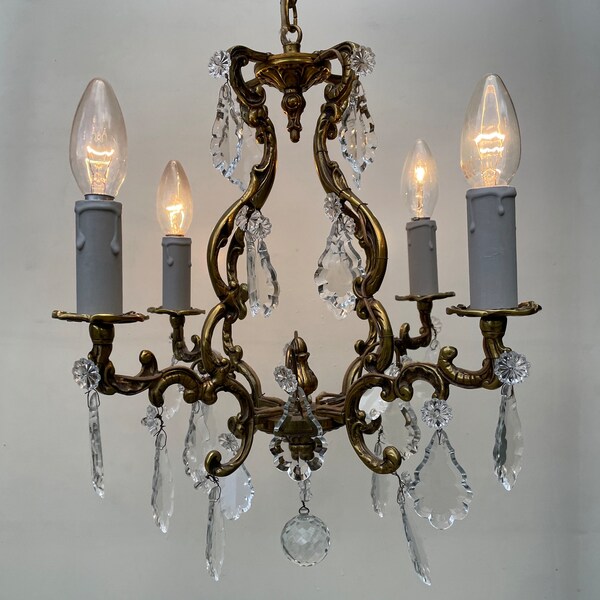 Vintage French bronze and glass chandelier