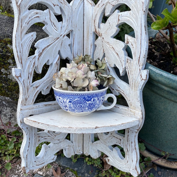 Vintage French wooden painted corner shelf carved detail