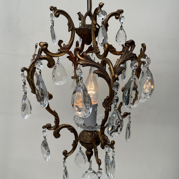 Vintage French bronze and glass cage chandelier