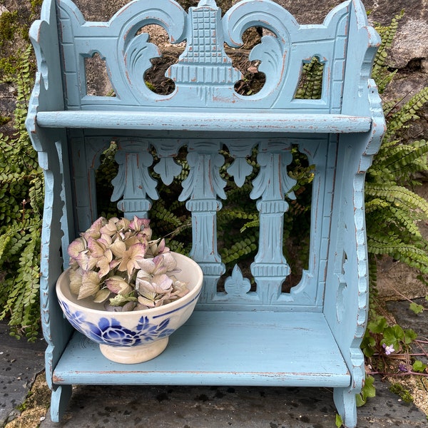 Vintage French wooden painted folding shelf carved detail