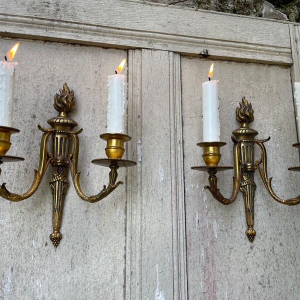 Antique French bronze pair of candle wall sconce chandeliers