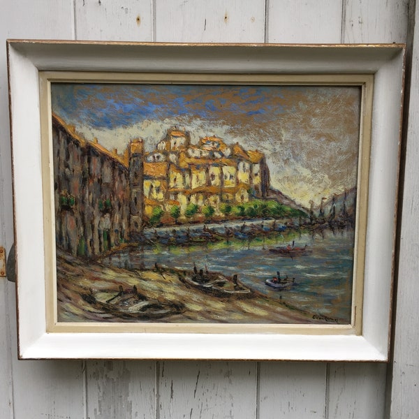 Beautiful mid 20th Century modern original French framed oil on canvas of a city