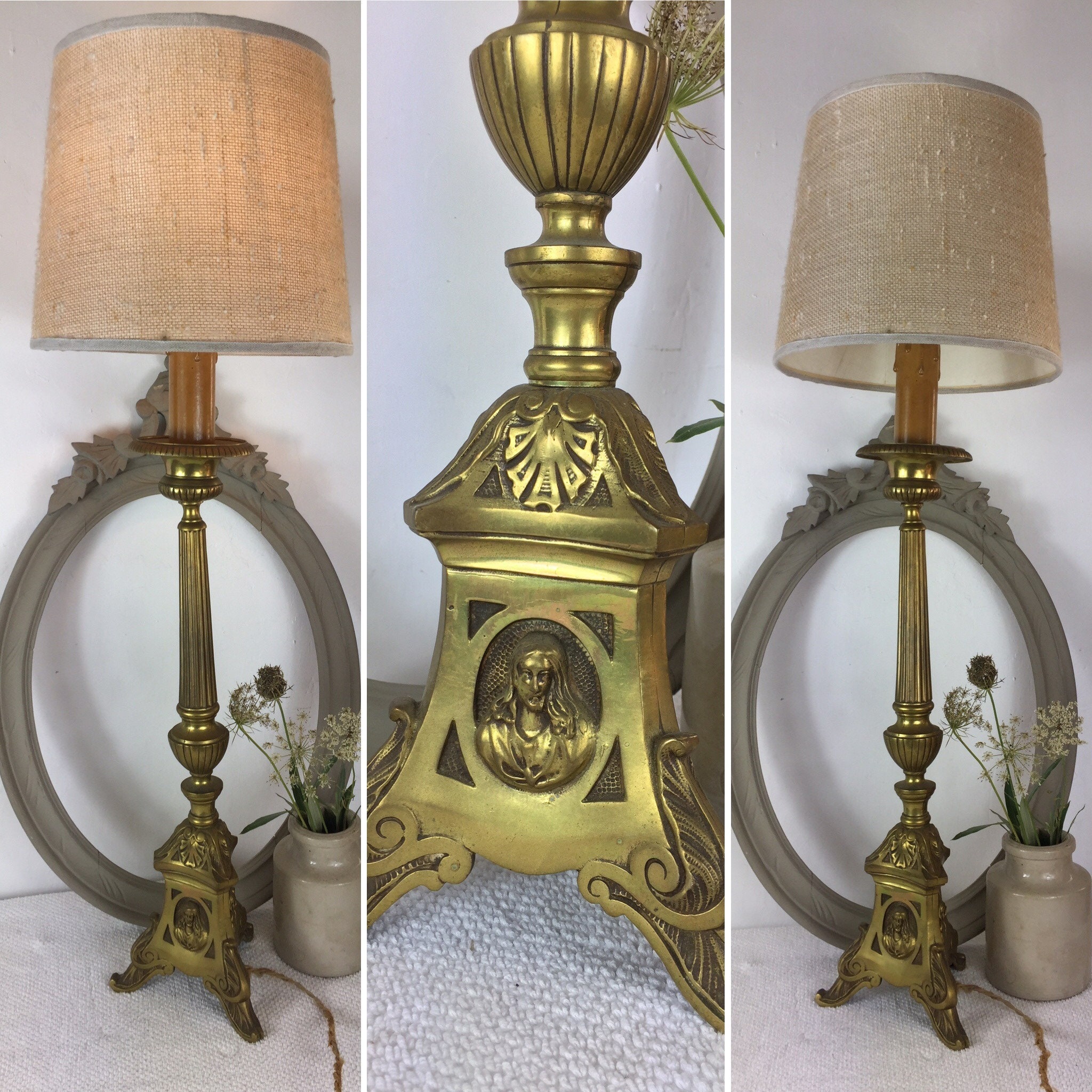 Large Vintage French Bronze Lamp Converted From Church Candlestick Holder