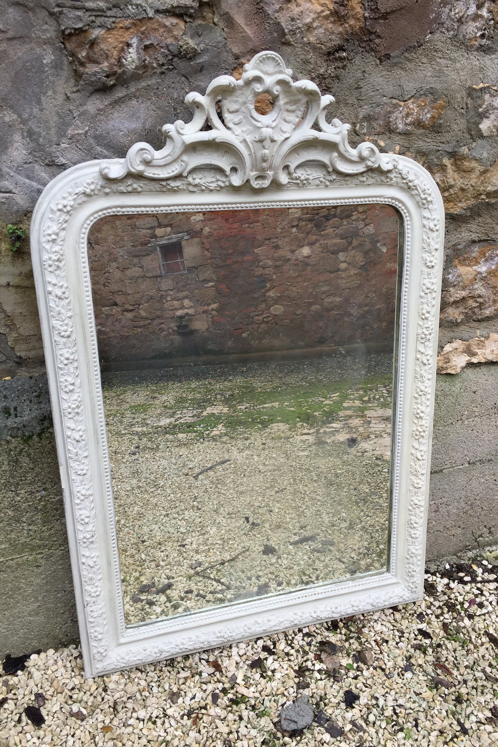 Antique French Pale Grey Painted Mirror