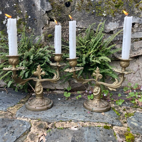 Vintage French pair of bronze candelabra candleholders