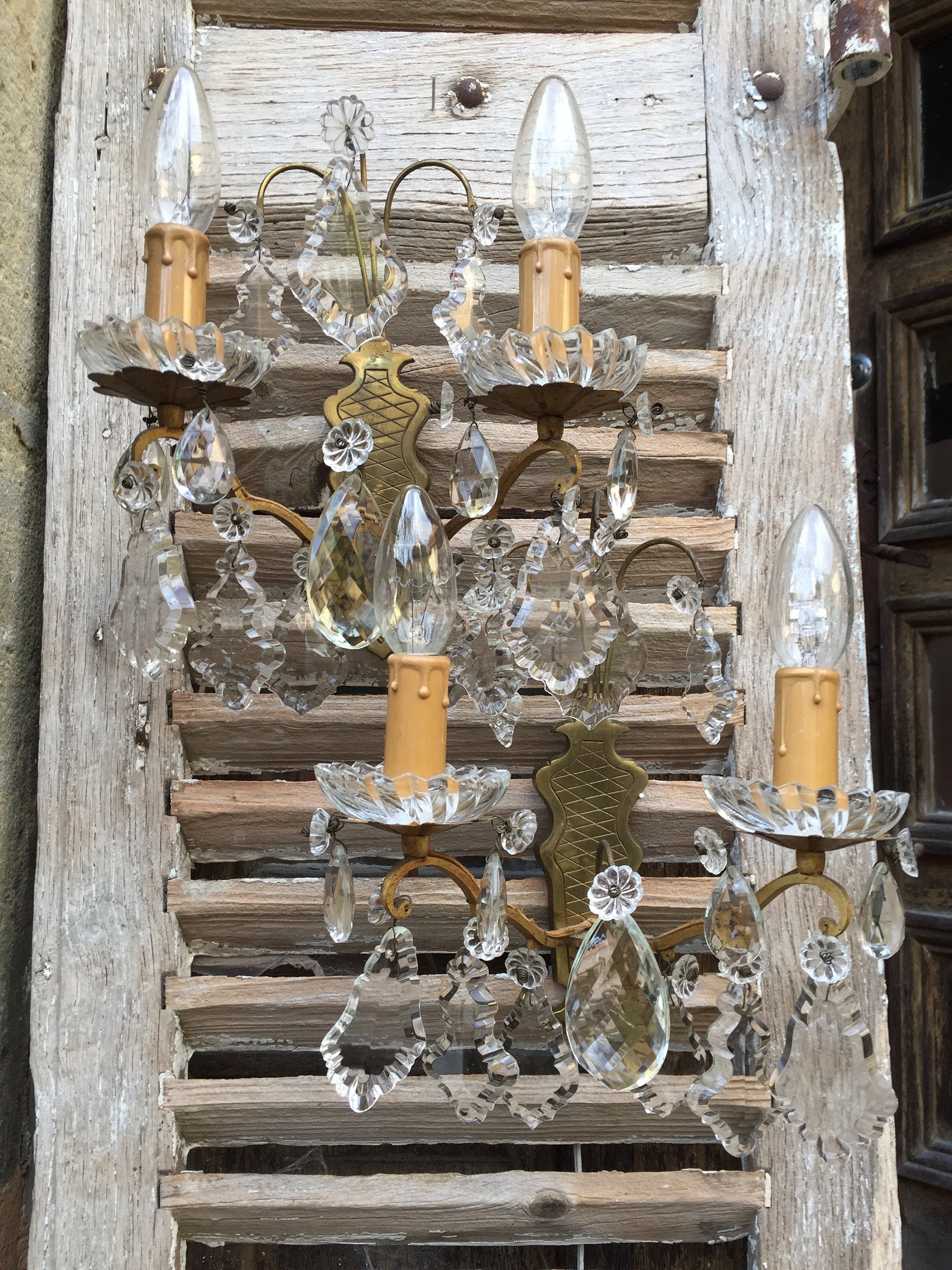 Vintage French Bronze Pair Of Wall Sconce Chandeliers With Crystals