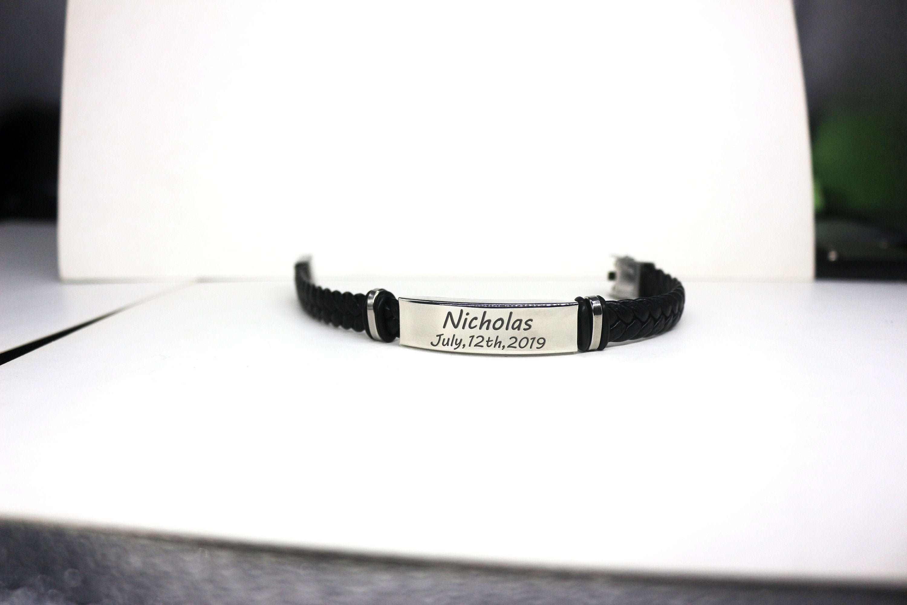 Black Leather Bracelet Personalised Jewellery Valentines Day Anniversary Mens