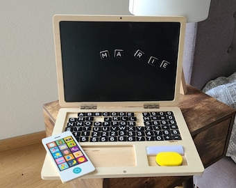 Laptop - Holz - Tafel - Handy - personalisierbar - Rollenspiel - Geschenk - Geburtstag - ab 6 Jahren