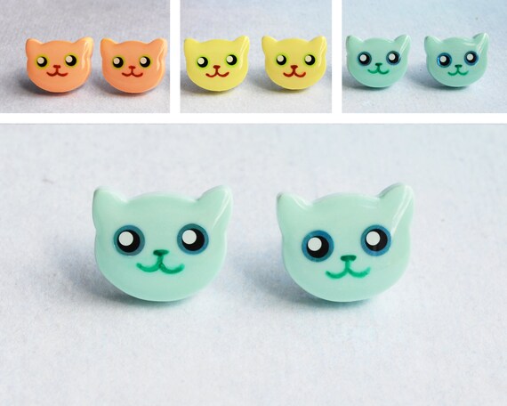 Cat Studs Earrings Pastel Colors. Mint Yellow Peach Cat Post | Etsy
