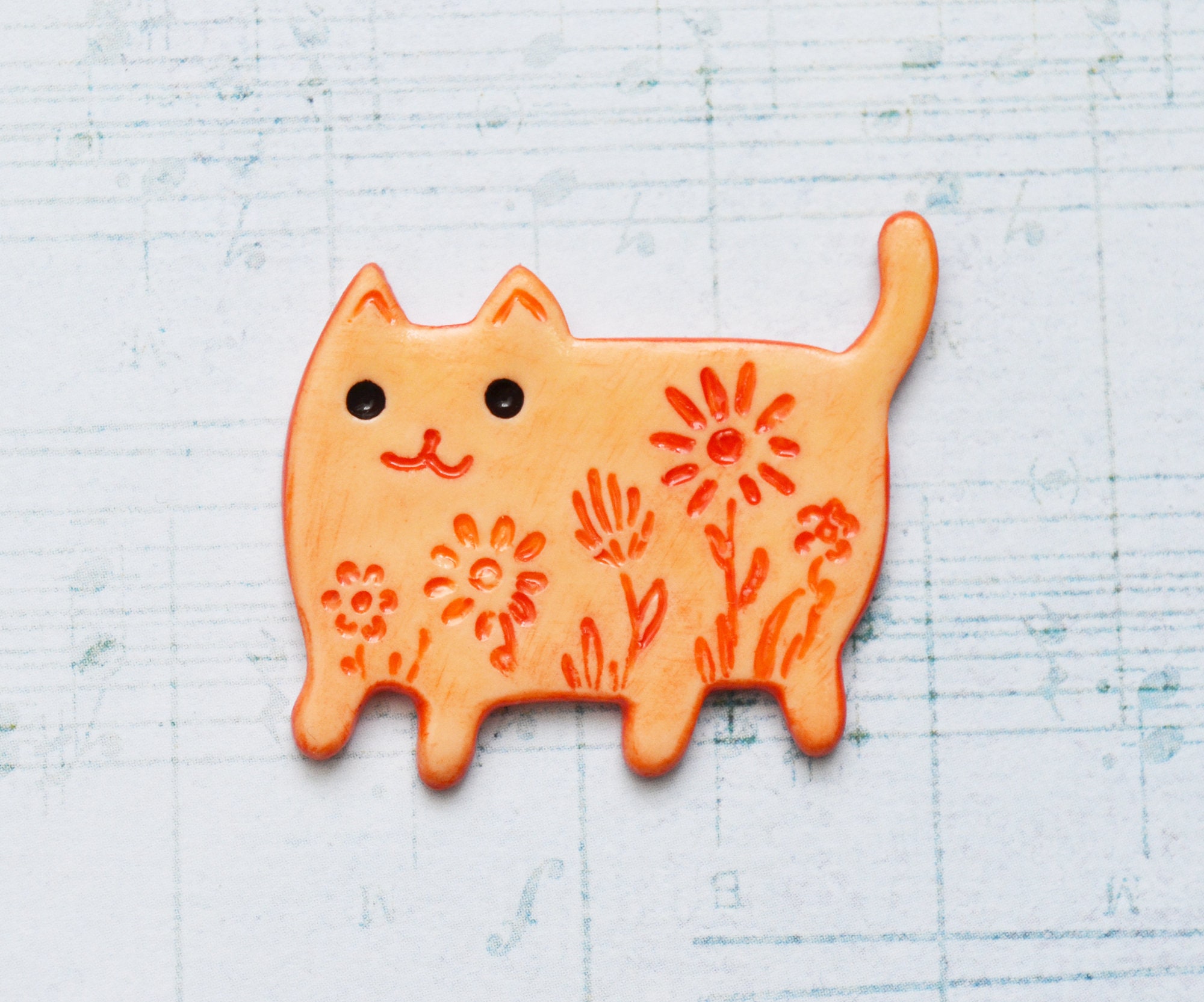 Cat pin badge. Ginger cat brooch. Kitty pin with flowers. Cute | Etsy