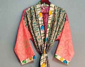 Floral Silk Blend Kimono Robe: Recycled Sari Fabric, Bohemian Style