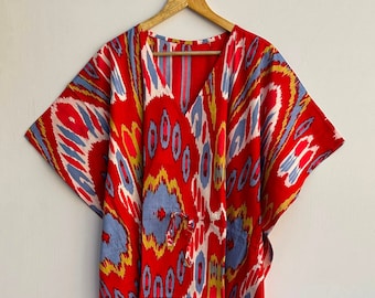 Cotton Handmade Kaftan Dress Long Top Caftan, Dress Beach Cover up, Flower Block Printed Sleepwear Maxi Dress Kimono Robe