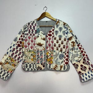 White Cotton Quilted Patchwork Jacket Short Fashion Wear Coat Bohemian Cotton Jacket