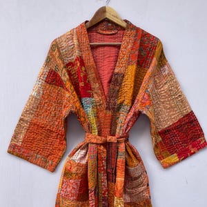 Kantha gewatteerd zijden kimonojack met zakkleding patchwork boho-jack voor alle seizoenen