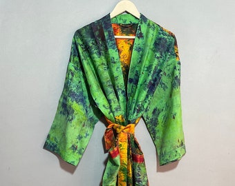 Large ice dye robe, womens short tie dye robe with belt and pockets, kimono style Silk bathrobe for loungewear or coverup