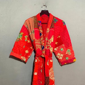 Cotton Quilted Patchwork Kimono, Winter Overcoat, Printed Patchwork Quilted Jacket, Quilted Kimono Robe, Cotton Kantha Bathrobe,