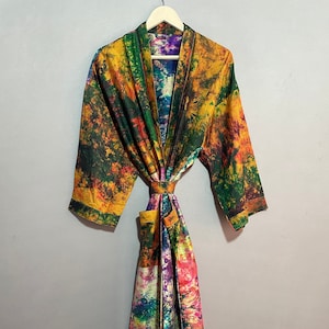 Summer Silk Tie Dye Robe, Vintage Dress, Front Open Kimono With Belt, Loungewear Women Robe, Gift For Wedding, MTK_19, Long Bridal Silk Robe