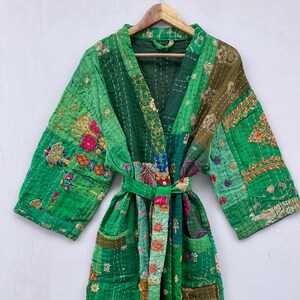 Floral Kantha Gesteppte Baumwolljacke Patchwork Lang Kimono Handbedruckte Robe Strand Kimono