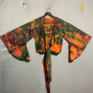Silk blouse,  Crop top, Long sleeves Boho style, Deep v neck, wrap crop top,  Silk top, Tiedye belle sleeves, Wrap top, Tie top, bell sleeve