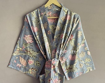 Cotton Kimono Robe Dressing Gown, Block Print Bridesmaid Robe, Summer Nightwear, One Size