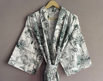 Cotton Kimono Robe Dressing Gown, Block Print Bridesmaid Robe, Summer Nightwear, One Size