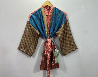 Indian Short Kimono Robe , Boho Kimono , Light Weight Kimono Robe, Vintage Handmade Silk Saree kimono Robe