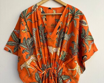 Jungle Print !! Handmade Long Caftan, Indian Cotton Long & Short Kaftan, Pure Cotton Fabric Stitch Kaftan, Women Night Wear Dress Kimono Art