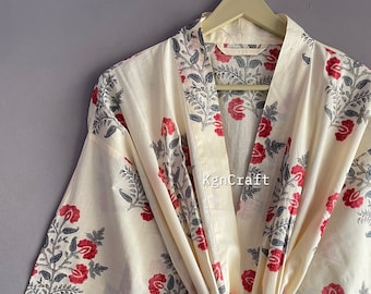 Cotton Kimono Robe Dressing Gown, Block Print Bridesmaid Robe, Summer Nightwear, One Size