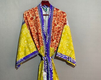 Recycled Silk Blend Kimono Robe: Floral Print Boho Dress