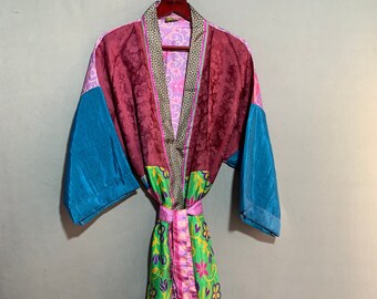 Floral Poly Silk Kimono Robe: Boho Beach Cover-Up