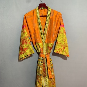 Art Silk kimono, Bohemian New Silk Sari Kimono, House Wear Robe, Unisex Robe, Floral Robe, Silk Sari Kimono With Belt, Beach  Robe, KGN_178
