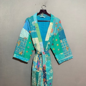 Kantha Kimono Jacket, Long Kimono Robe Winter Wear Kantha Quilted Jacket Coat Indian Style Handmade Quilted Jacket bath robe