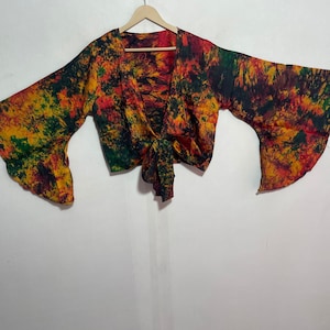 Hippie Chic- Bell Sleeve, Silk Wrap, Indian Crop Top,  Wrap Blouse, Vintage Crop Top, Women&#39;s Top