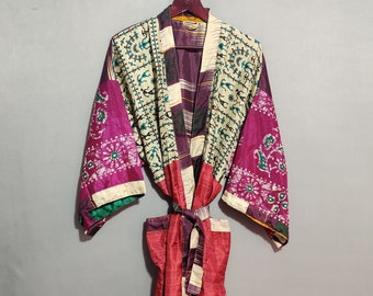 Silk Blend Kimono Robe: Floral Print Sari, Boho Lounge Dress