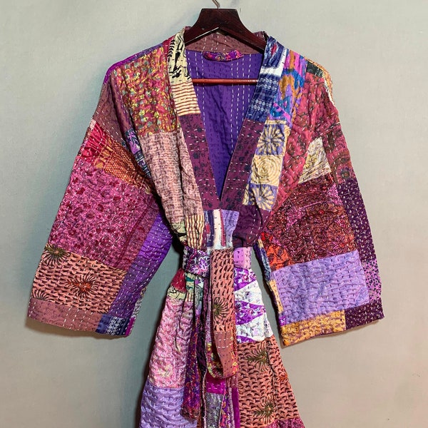 Veste arc-en-ciel, veste Kantha, veste Kantha en soie, veste Kantha indienne, veste faite à la main, manteau Kantha en vintgae, pardessus d’hiver, matelassée