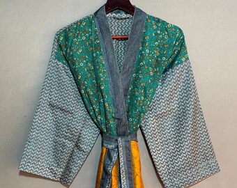 Patchwork Sari Kimono Robe, Vintage Zijden kimono, Kaftan kimono, Indiase zijden kimono badjas, bloem kimono jurk, vrouwen jurk, Indiase jurk