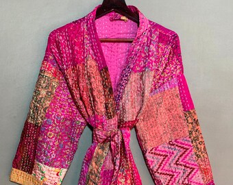 Handgemachte Seide Kantha Jacke Wende Baumwolle Patchwork Boho Mantel Strand Vertuschungsjacke