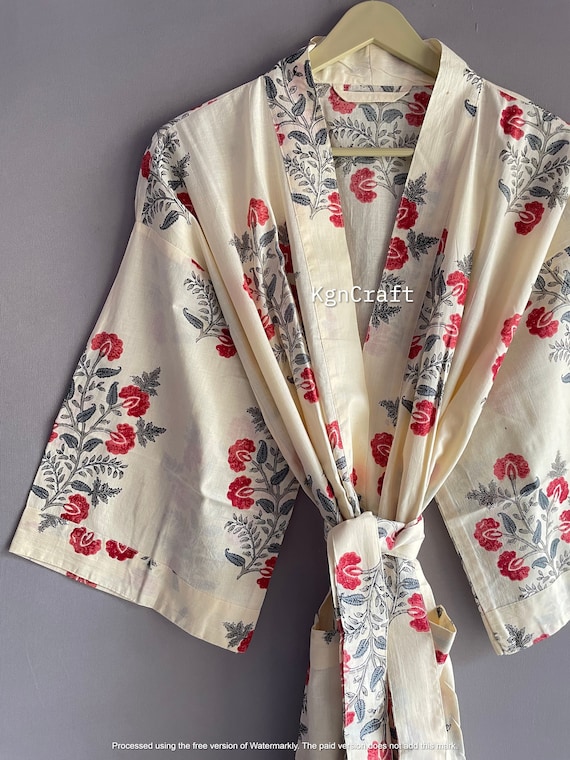 Cotton Kimono Robe Dressing Gown, Block Print Bridesmaid Robe, Summer Nightwear, One Size