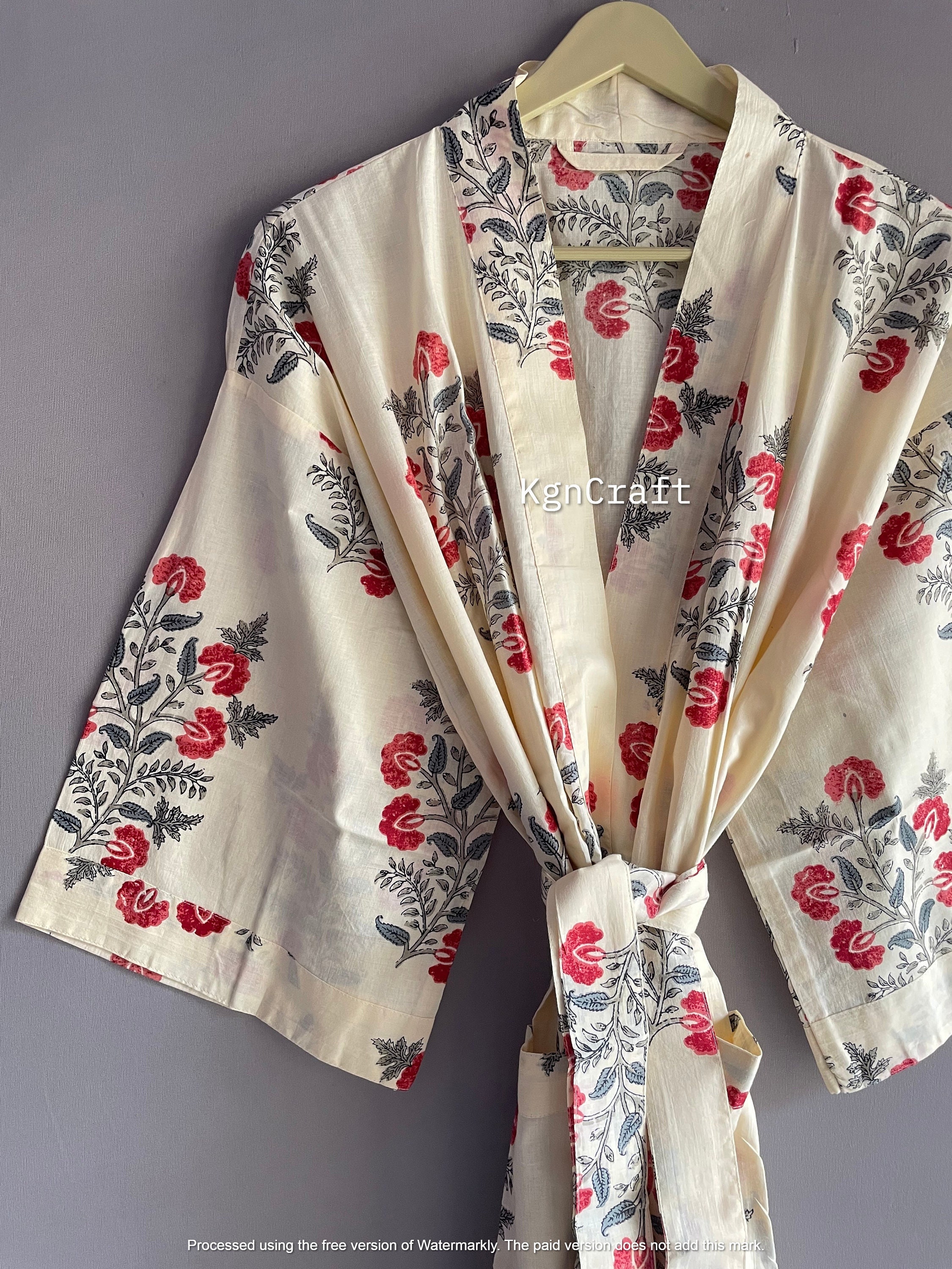 Cotton Kimono Robe Dressing Gown, Block Print Bridesmaid Robe, Summer Nightwear, One Size